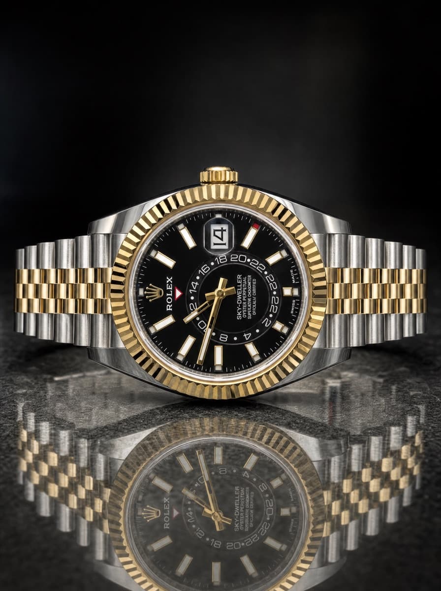 2023 Rolex Sky-Dweller 42mm Two Tone Yellow Gold Black Stick Dial