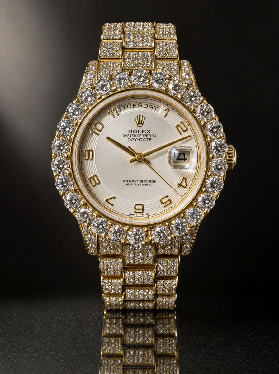 Rolex Day-Date II 41mm 18K Yellow Gold White Roman Dial Iced Out